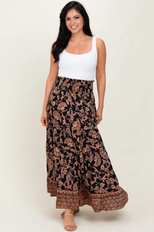 Black Paisley Smocked Waist Tiered Maxi Skirt sold by Pinkblush