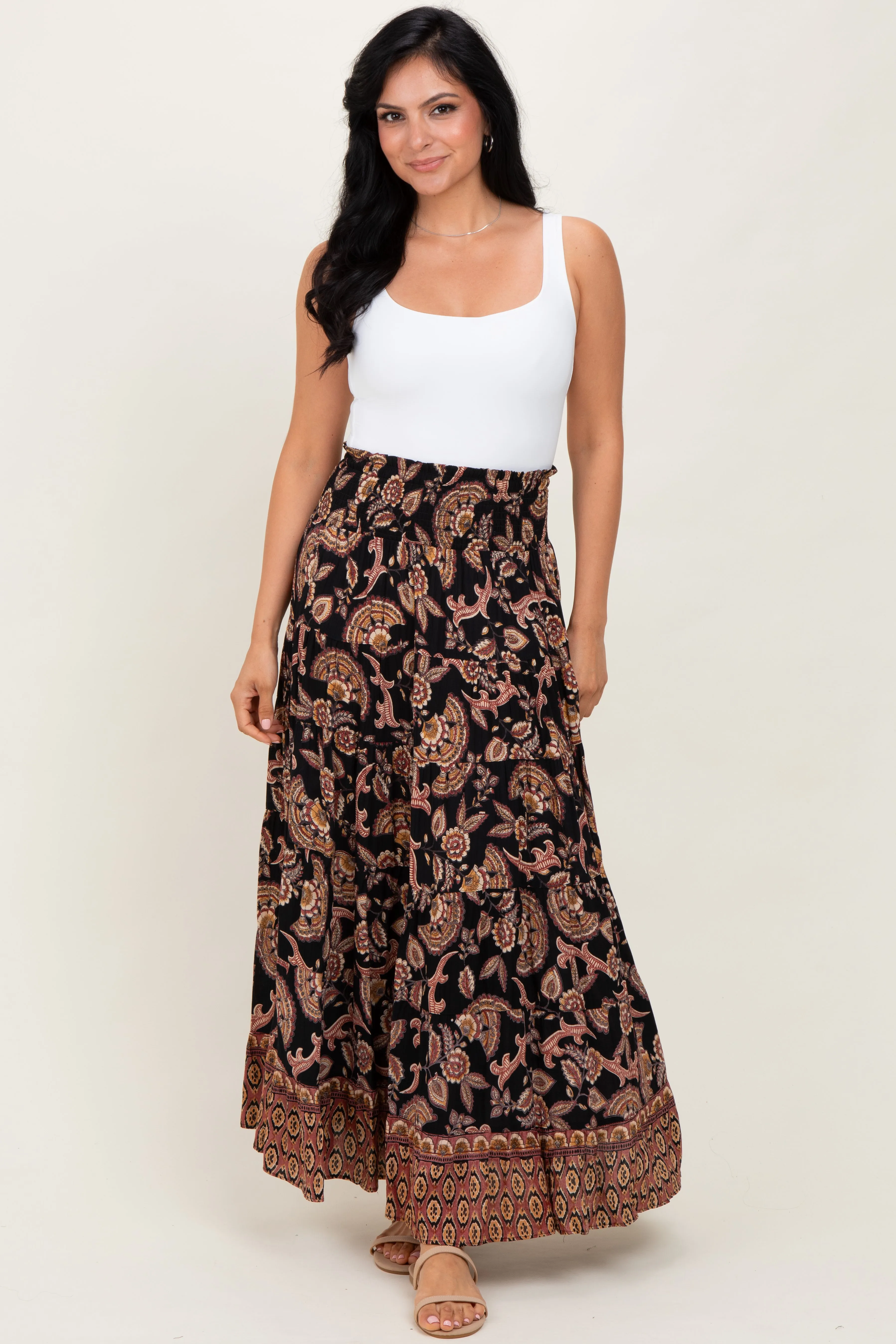 Black Paisley Smocked Waist Tiered Maxi Skirt sold by Pinkblush product image thumbnail 2