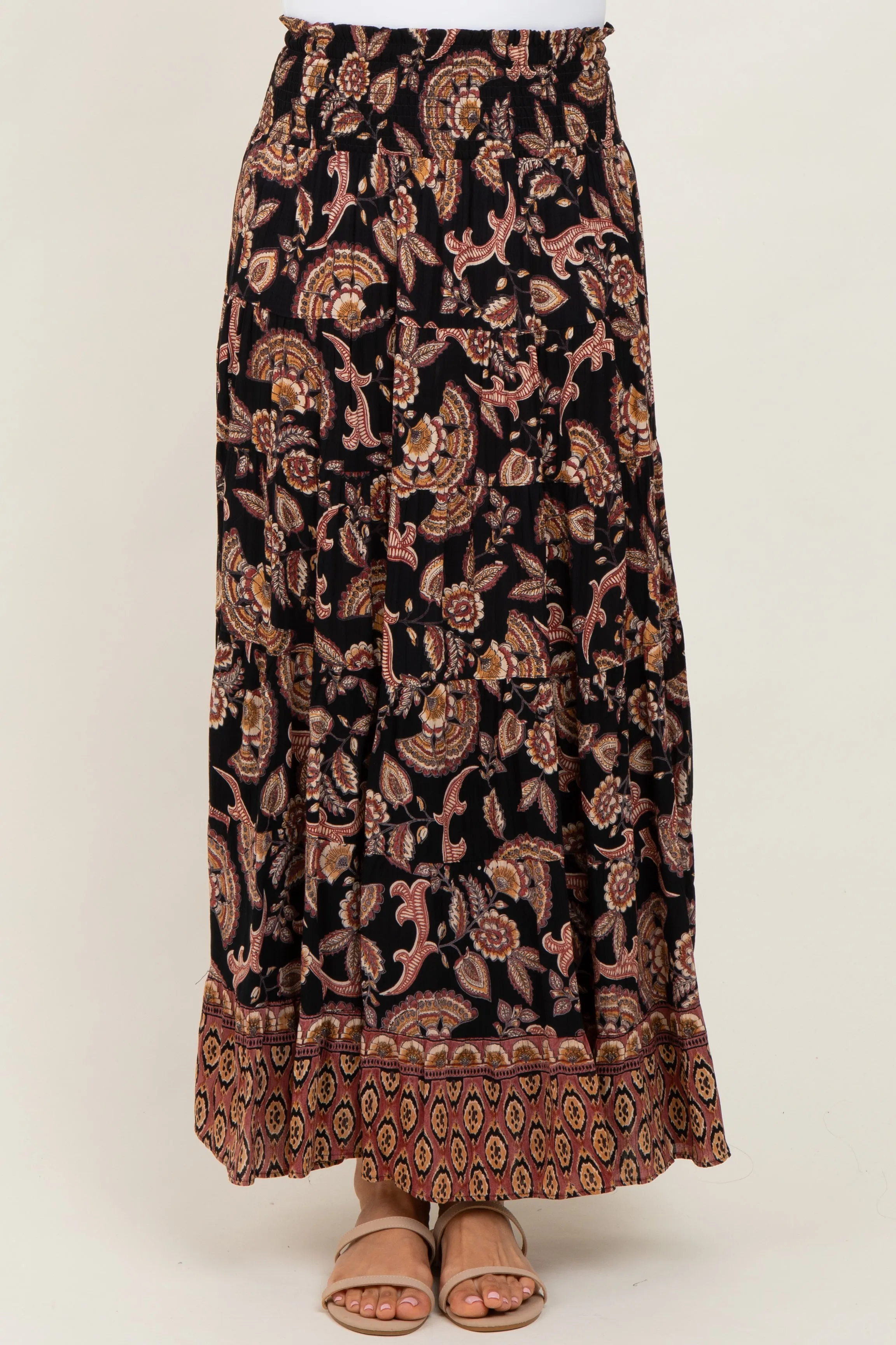 Black Paisley Smocked Waist Tiered Maxi Skirt sold by Pinkblush product image thumbnail 3