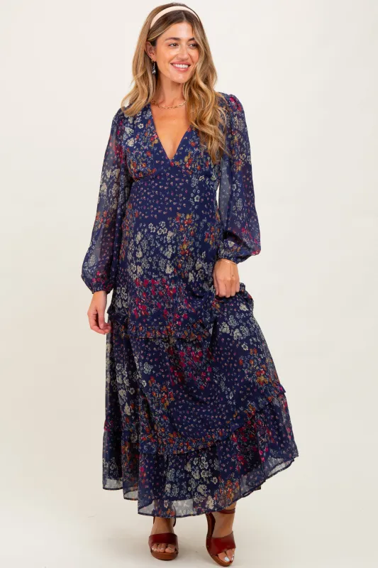 Navy Floral Chiffon V-Neck Long Sleeve Maternity Maxi Dress sold by Pinkblush