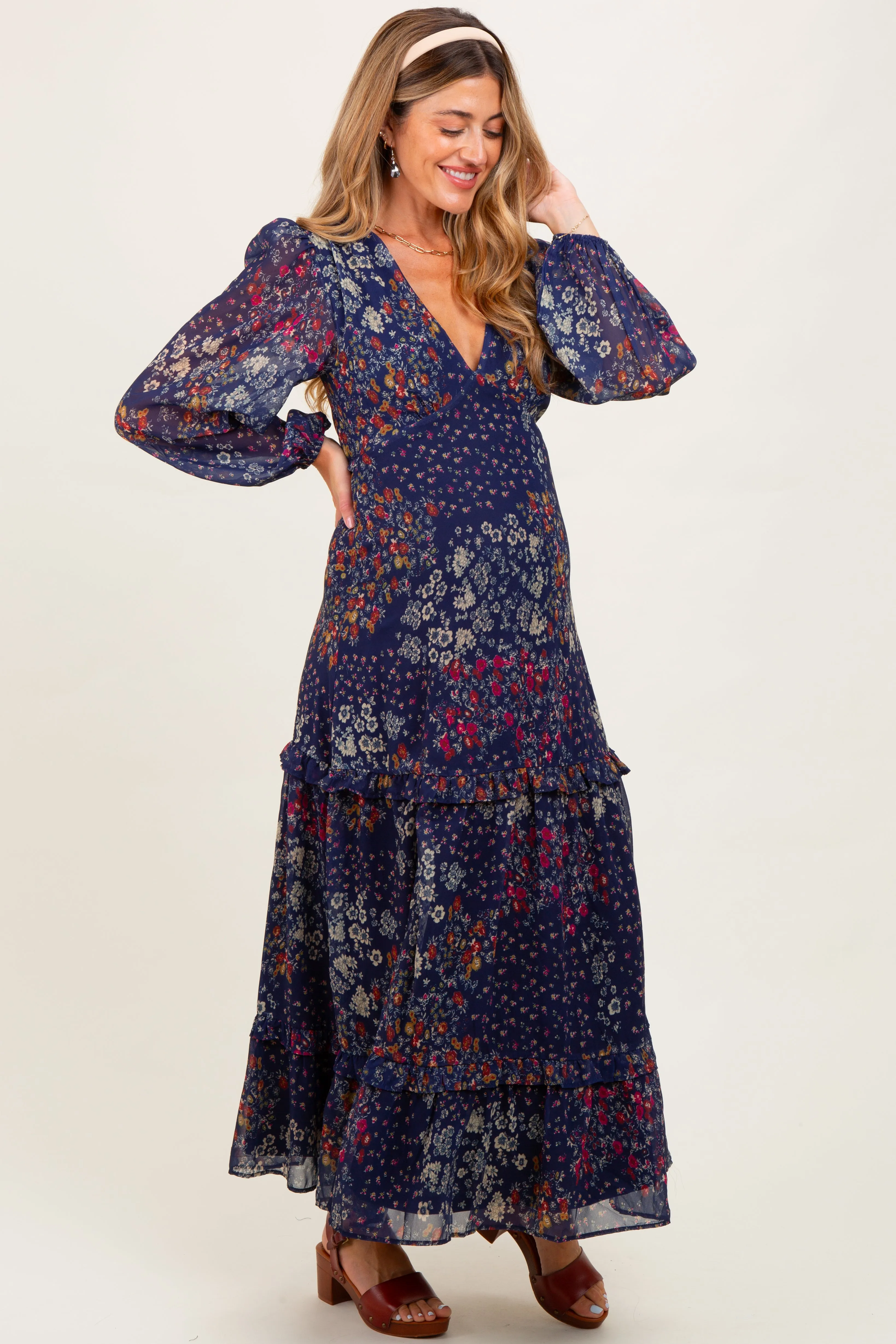 Navy Floral Chiffon V-Neck Long Sleeve Maternity Maxi Dress sold by Pinkblush product image thumbnail 2