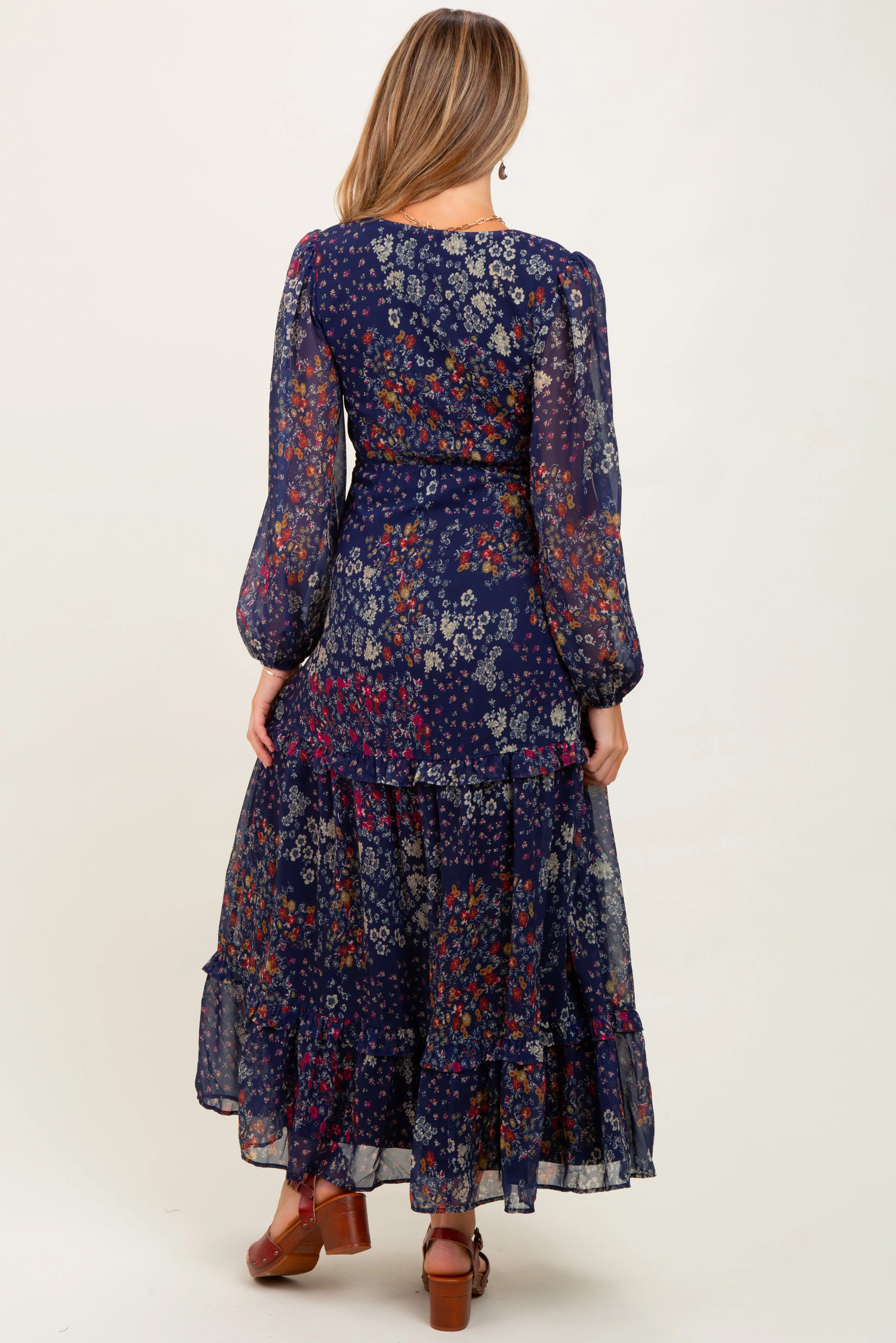 Navy Floral Chiffon V-Neck Long Sleeve Maternity Maxi Dress sold by Pinkblush product image thumbnail 3