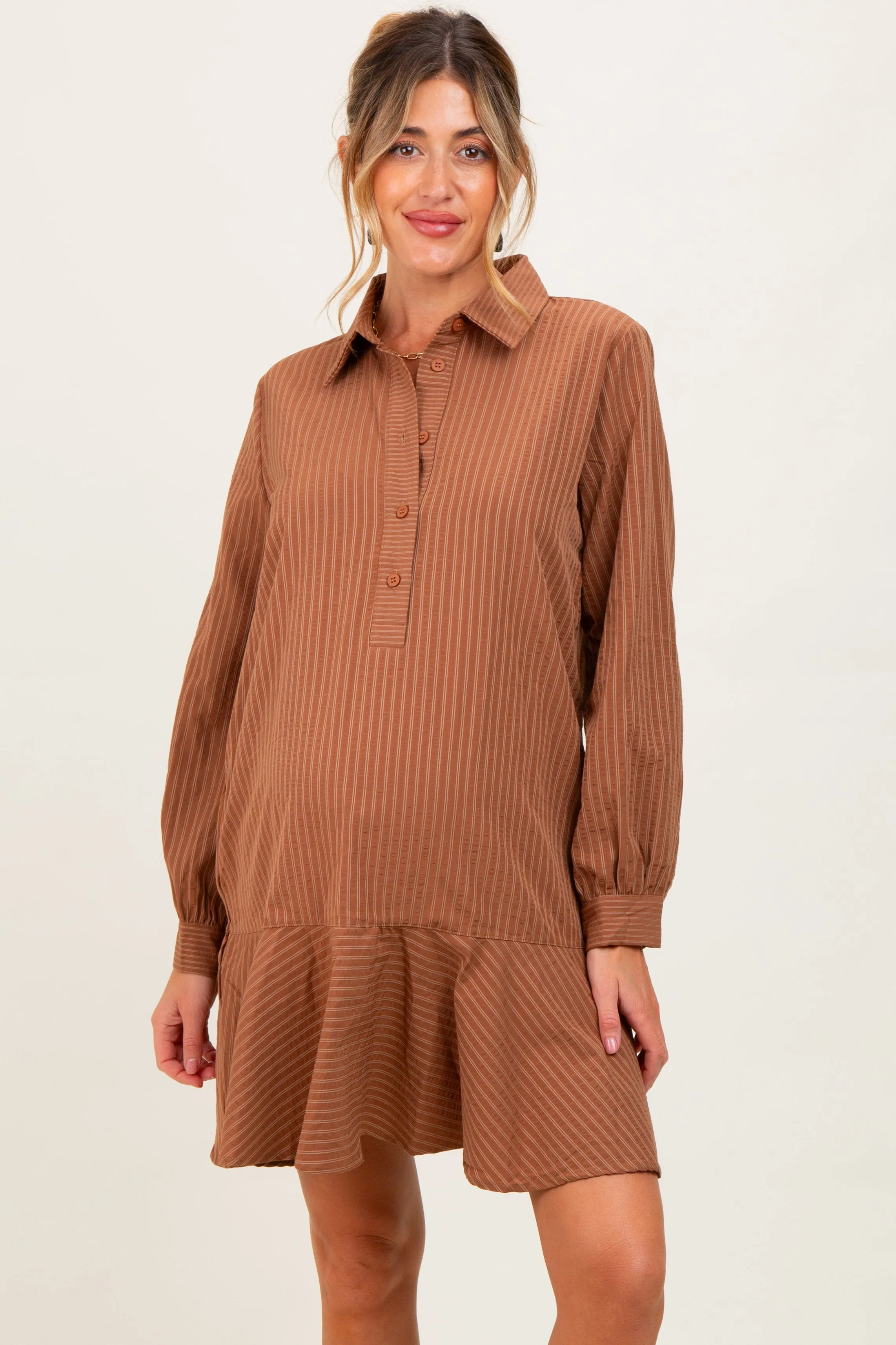 Camel Striped Long Sleeve Drop Waist Maternity Polo Dress sold by Pinkblush product image thumbnail 2
