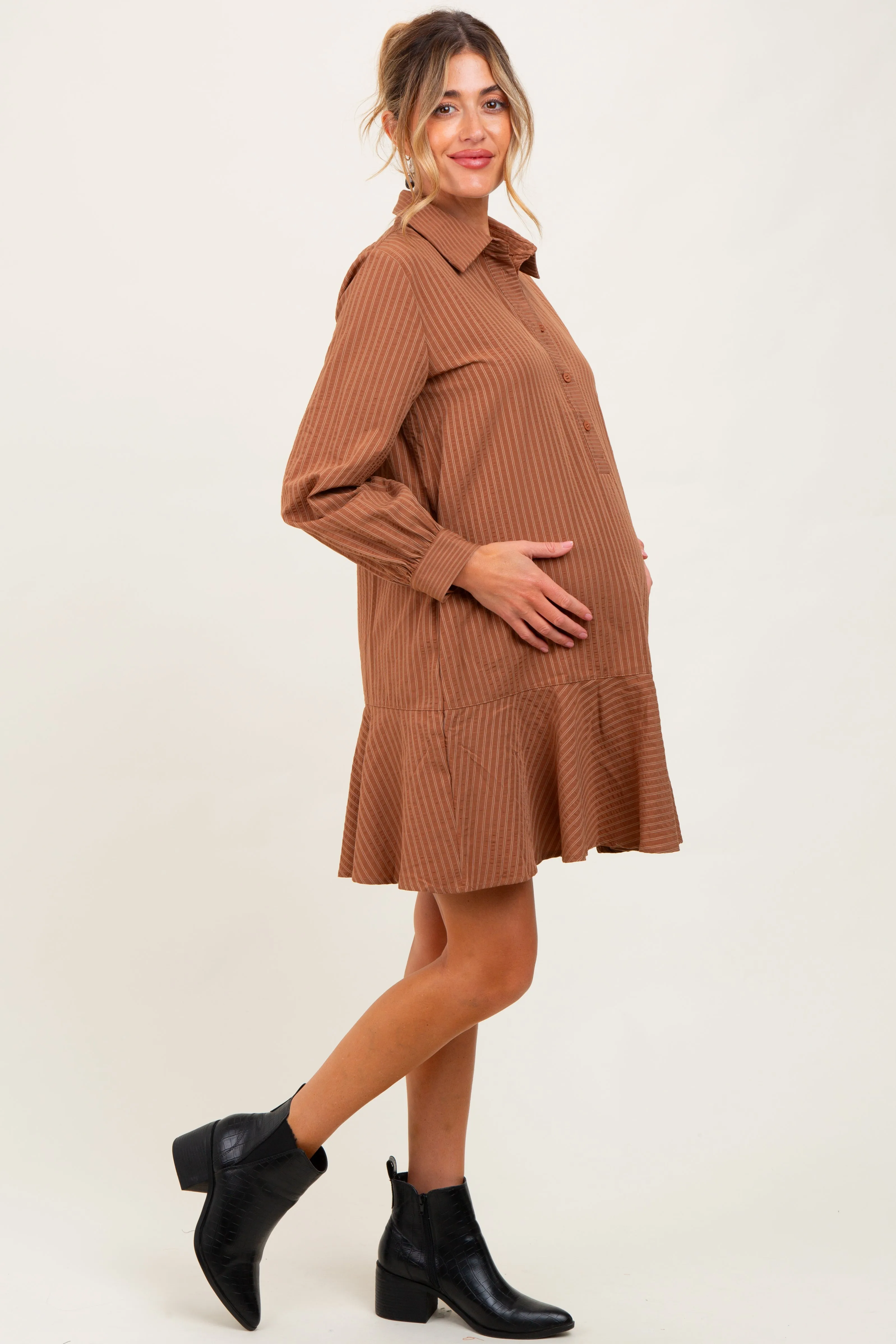 Camel Striped Long Sleeve Drop Waist Maternity Polo Dress sold by Pinkblush product image thumbnail 3