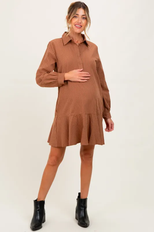Camel Striped Long Sleeve Drop Waist Maternity Polo Dress sold by Pinkblush