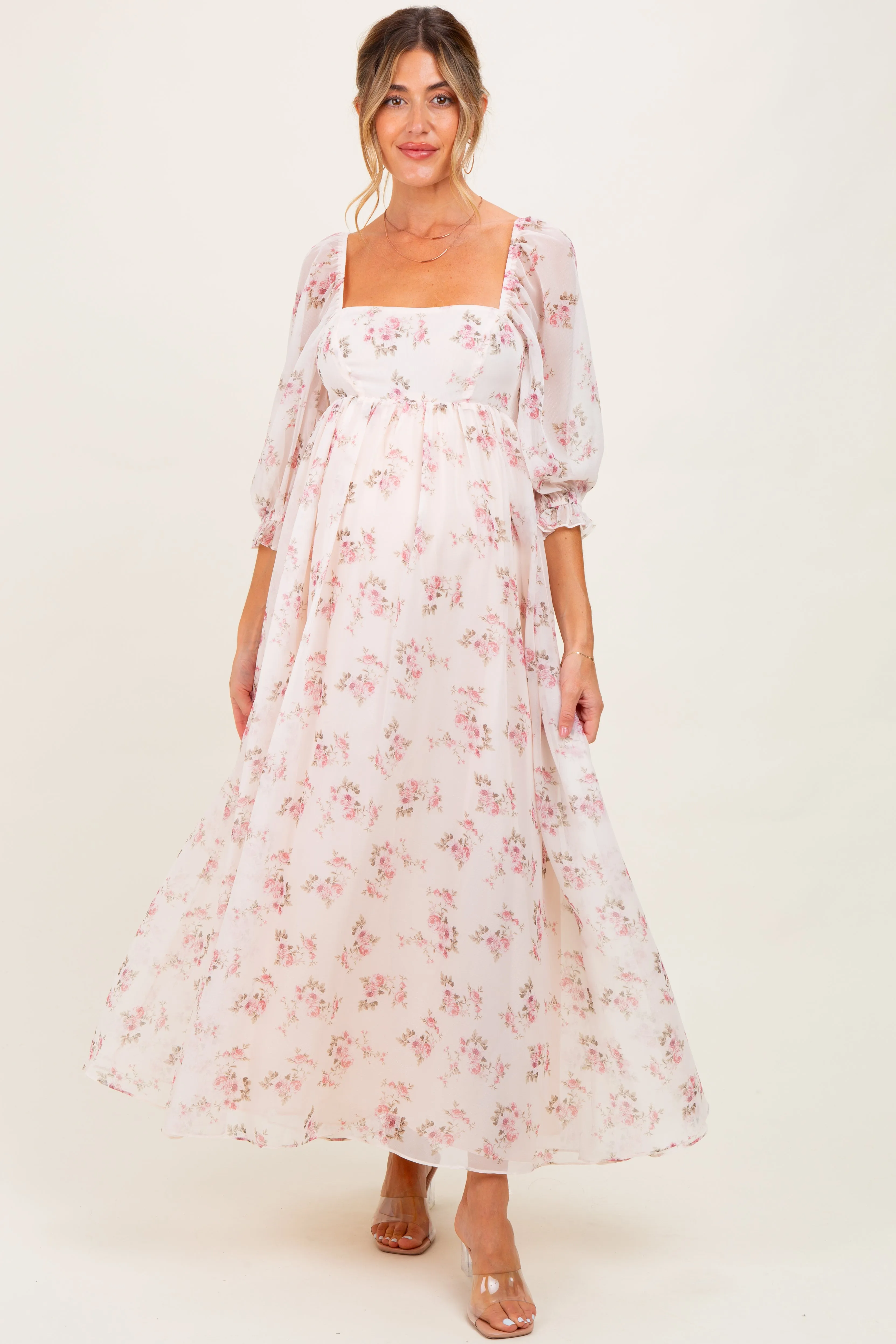 Light Pink Floral Chiffon Long Sleeve Maternity Maxi Dress sold by Pinkblush