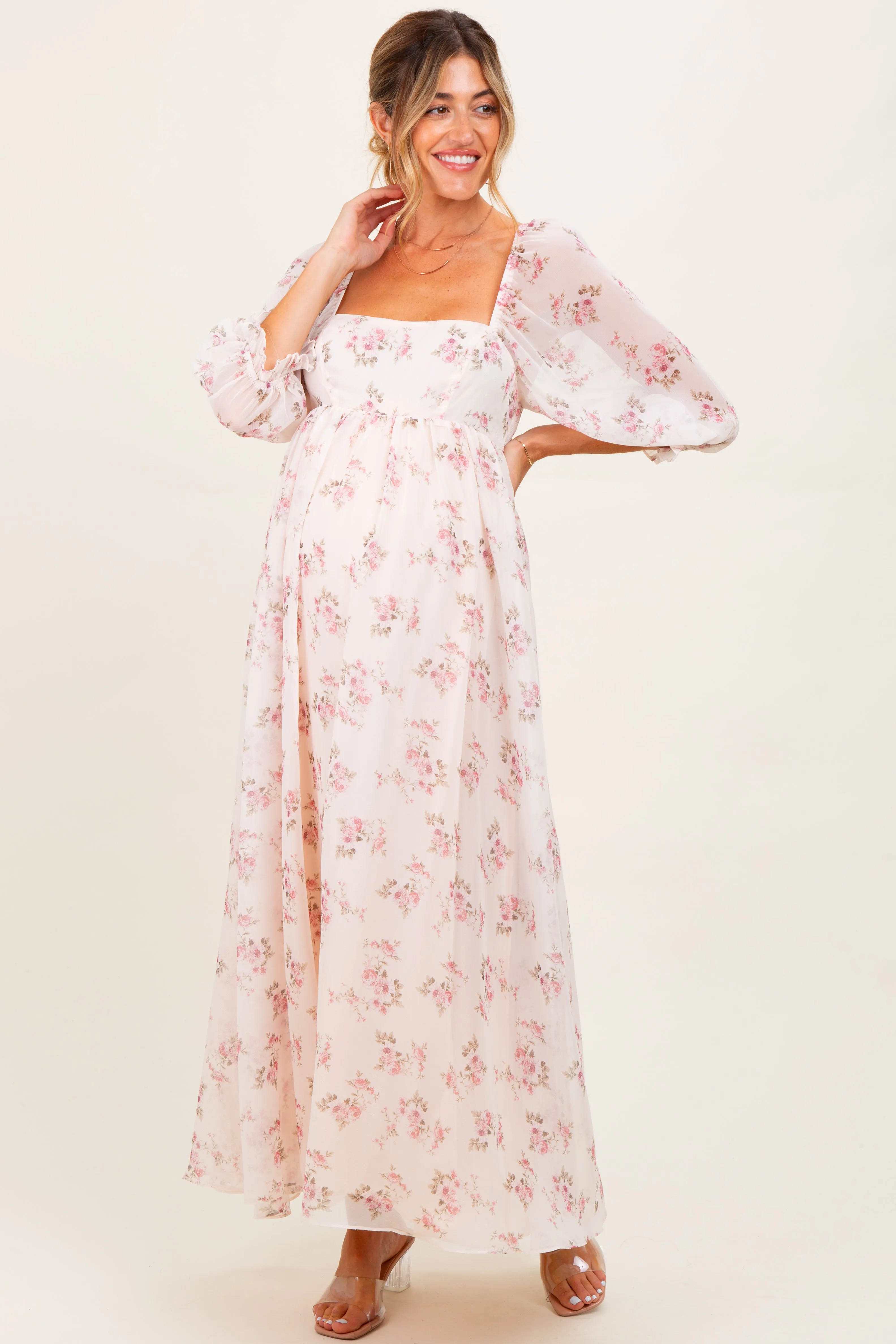 Light Pink Floral Chiffon Long Sleeve Maternity Maxi Dress sold by Pinkblush product image thumbnail 2
