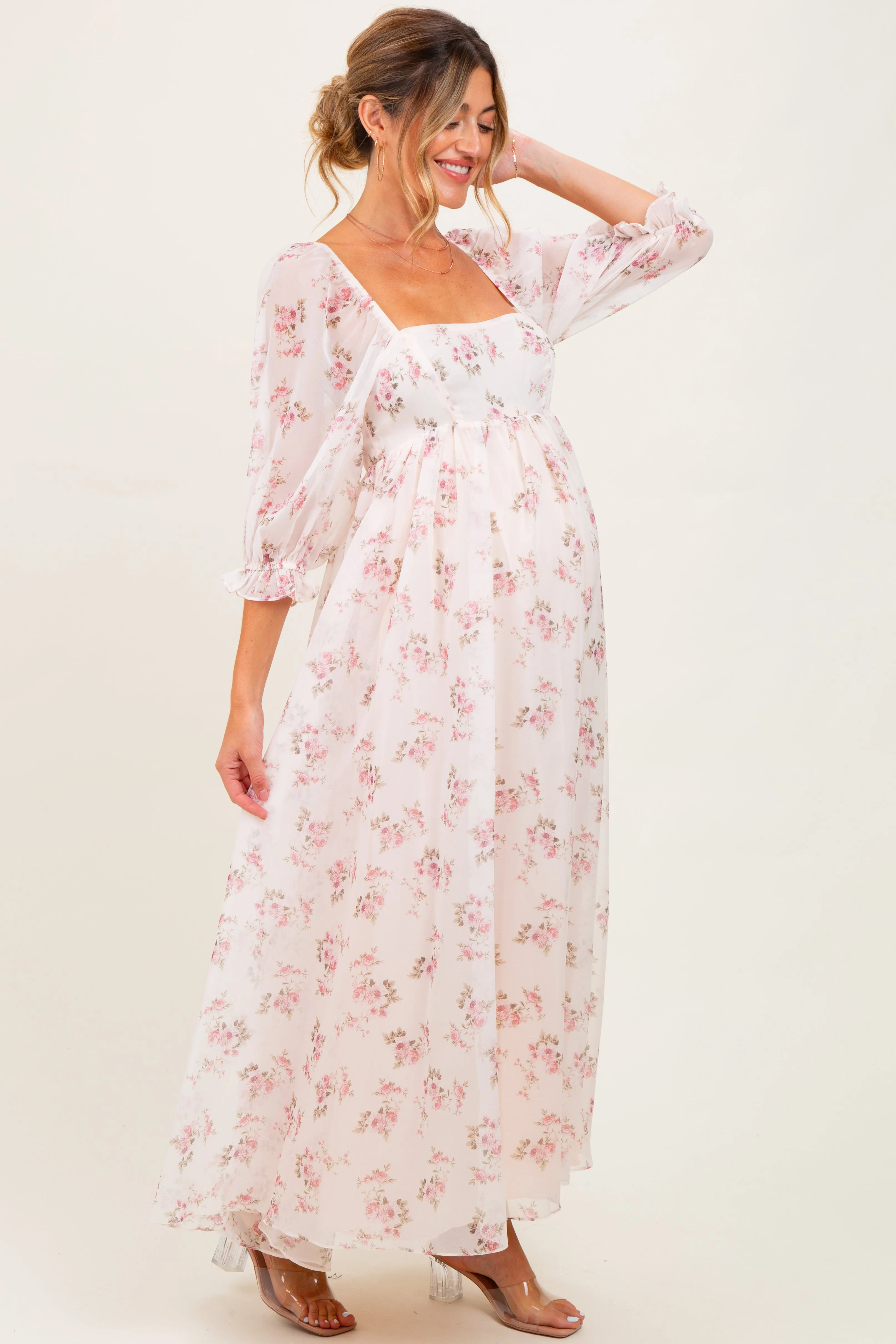 Light Pink Floral Chiffon Long Sleeve Maternity Maxi Dress sold by Pinkblush product image thumbnail 3