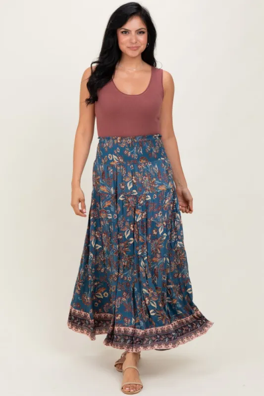 Dark Teal Smocked Waist Tiered Maxi Skirt sold by Pinkblush