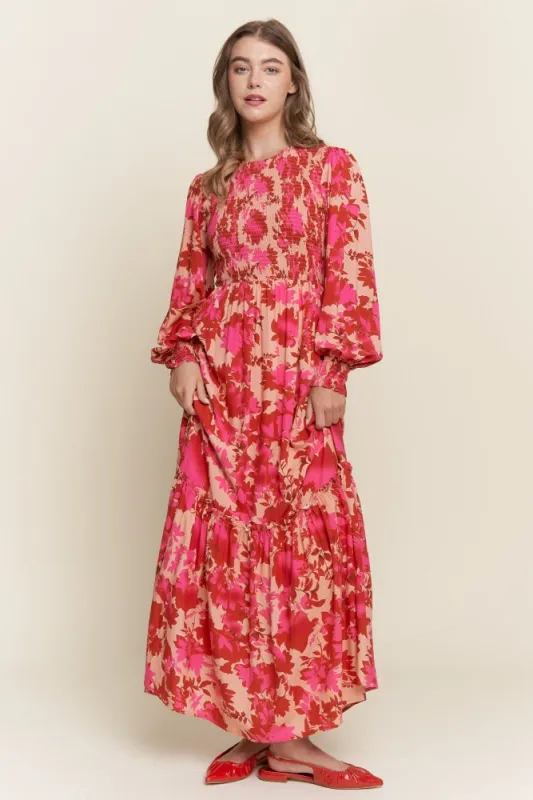 Red Floral Smocked Bodice Long Sleeve Maxi Dress sold by Pinkblush