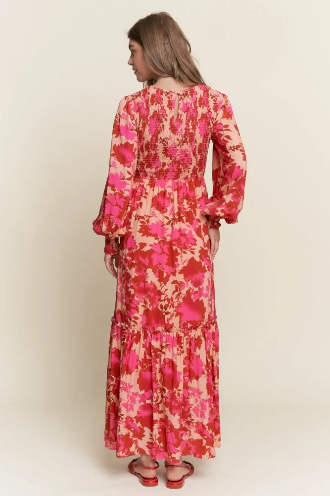 Red Floral Smocked Bodice Long Sleeve Maxi Dress sold by Pinkblush product image thumbnail 3