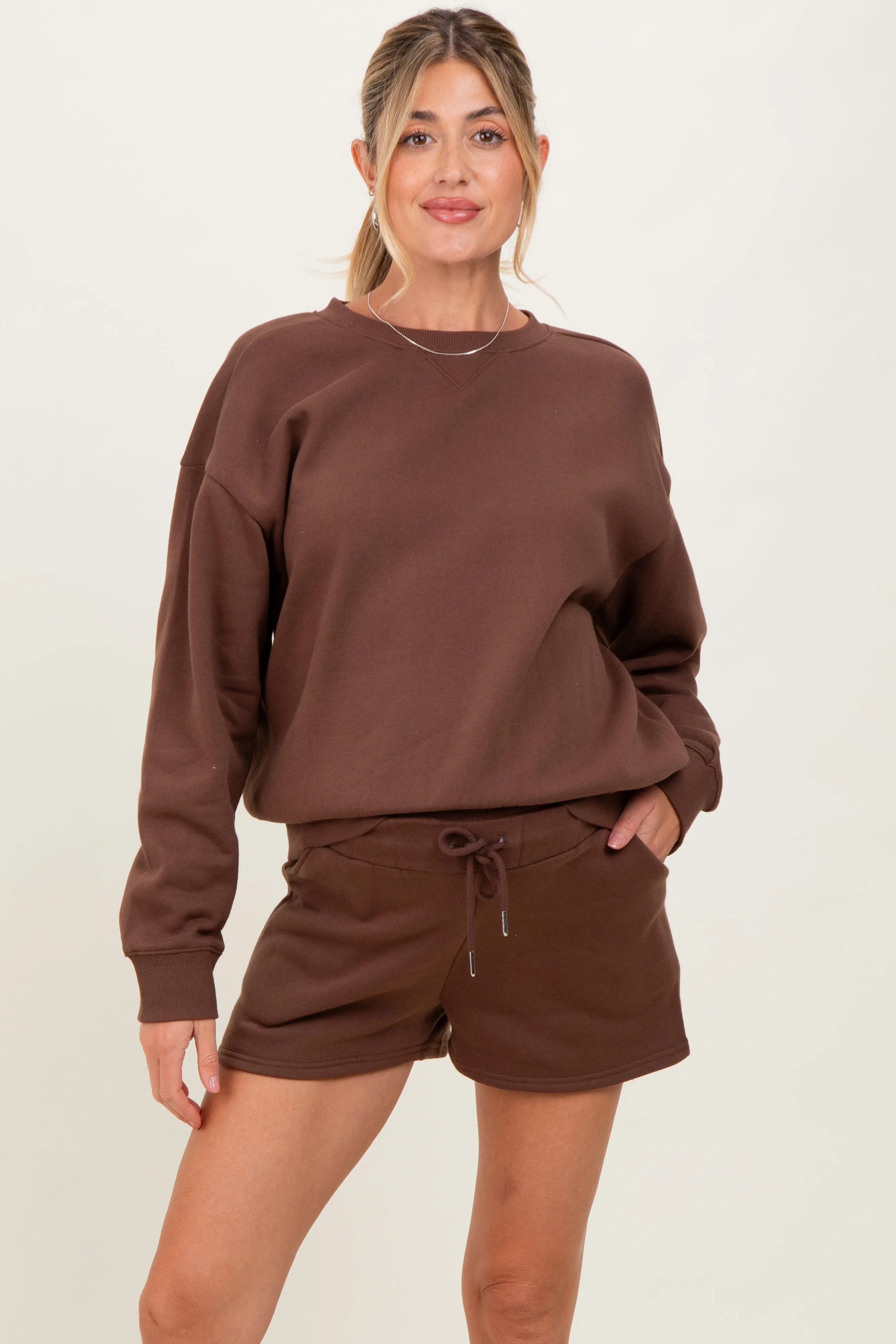 Brown Fleece Sweatshirt Shorts Maternity Set sold by Pinkblush product image thumbnail 2