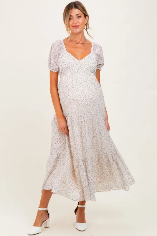 Cream Floral Chiffon Tiered Maternity Maxi Dress sold by Pinkblush
