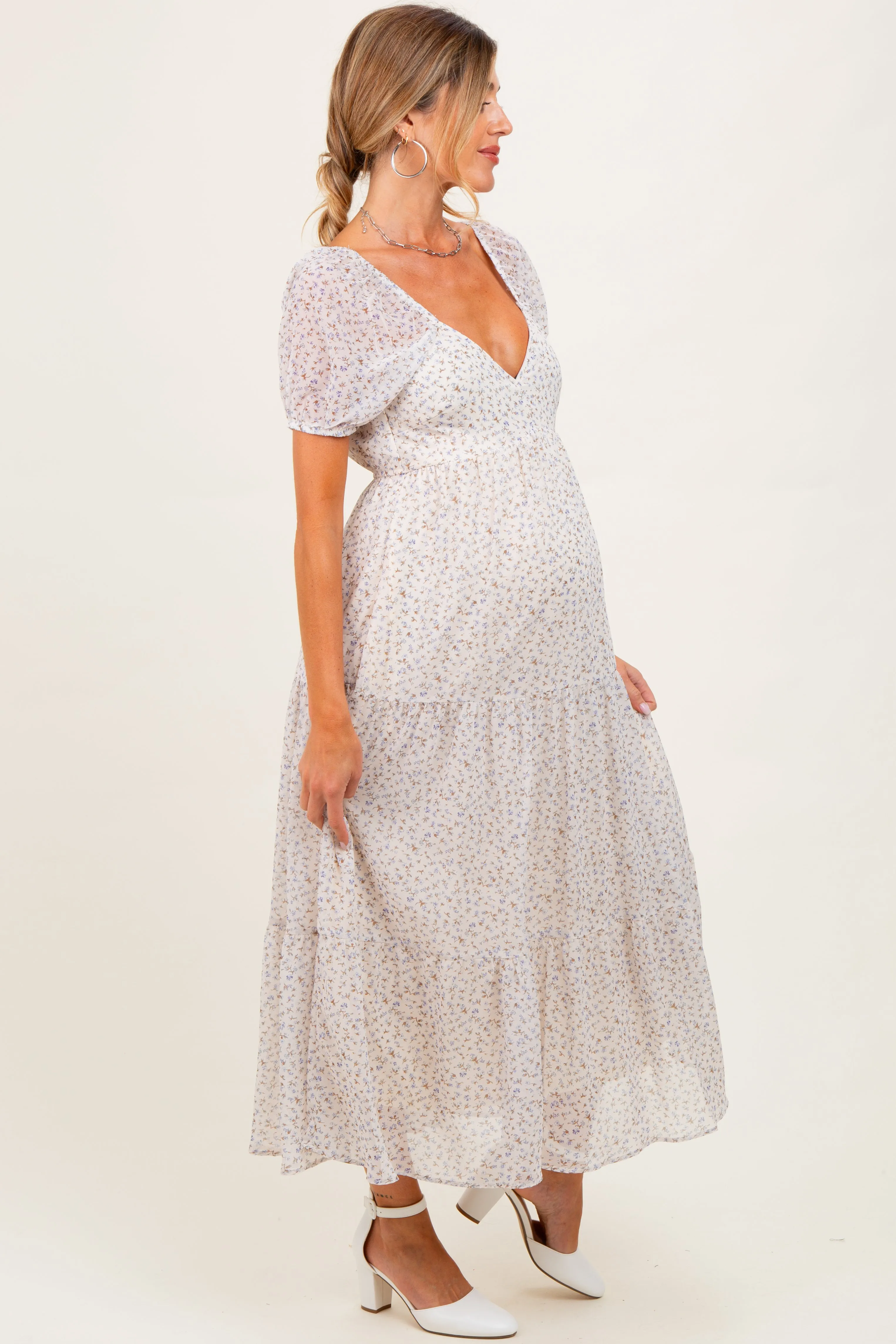 Cream Floral Chiffon Tiered Maternity Maxi Dress sold by Pinkblush product image thumbnail 3