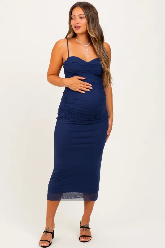 Navy Mesh Ruched Sleeveless Maternity Midi Dress sold by Pinkblush
