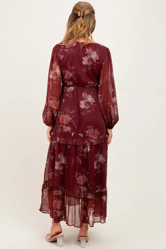 Burgundy Floral Chiffon V-Neck Long Sleeve Maternity Maxi Dress sold by Pinkblush product image thumbnail 3