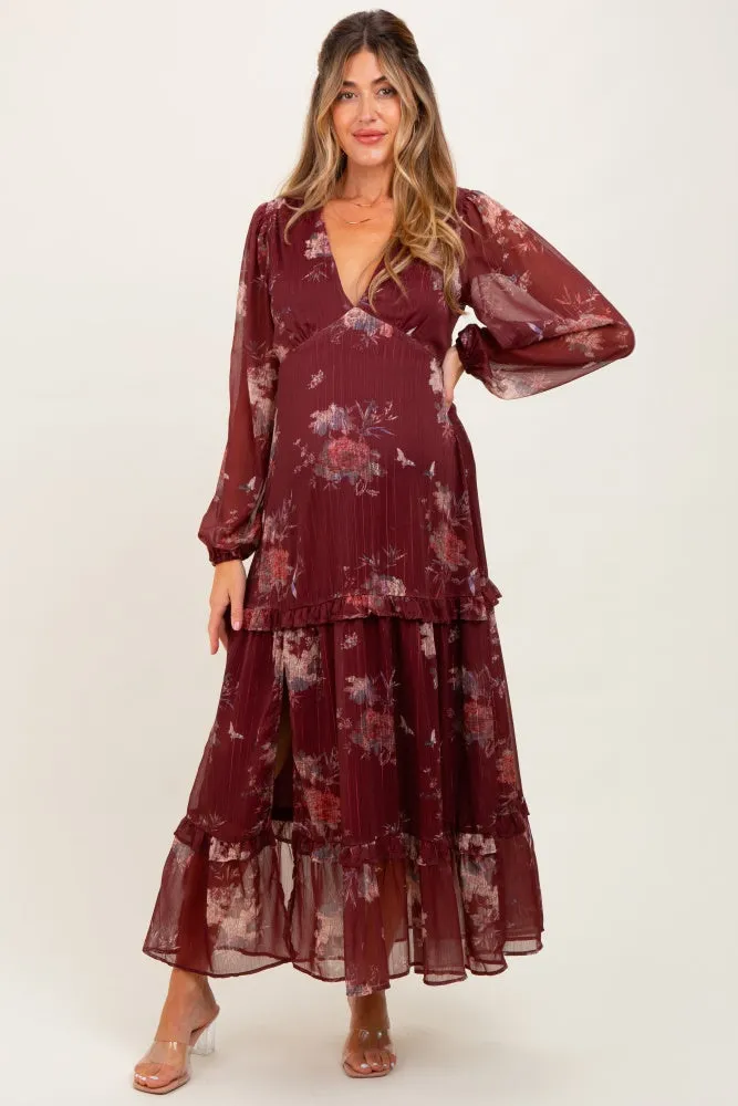 Burgundy Floral Chiffon V-Neck Long Sleeve Maternity Maxi Dress sold by Pinkblush
