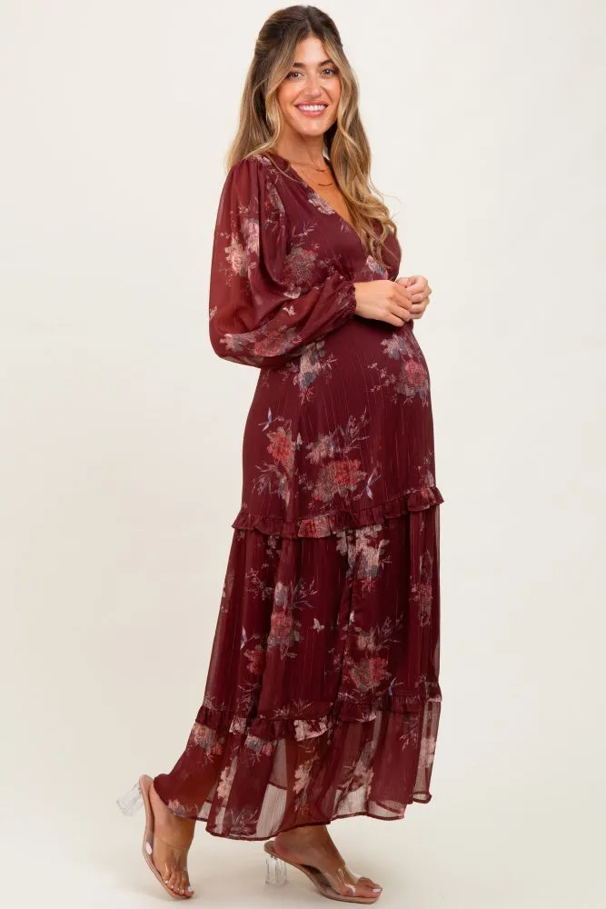 Burgundy Floral Chiffon V-Neck Long Sleeve Maternity Maxi Dress sold by Pinkblush product image thumbnail 2