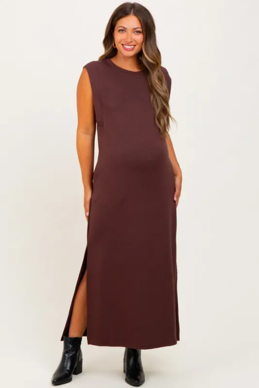 Brown Sleeveless Side Slit Maternity Midi Dress sold by Pinkblush