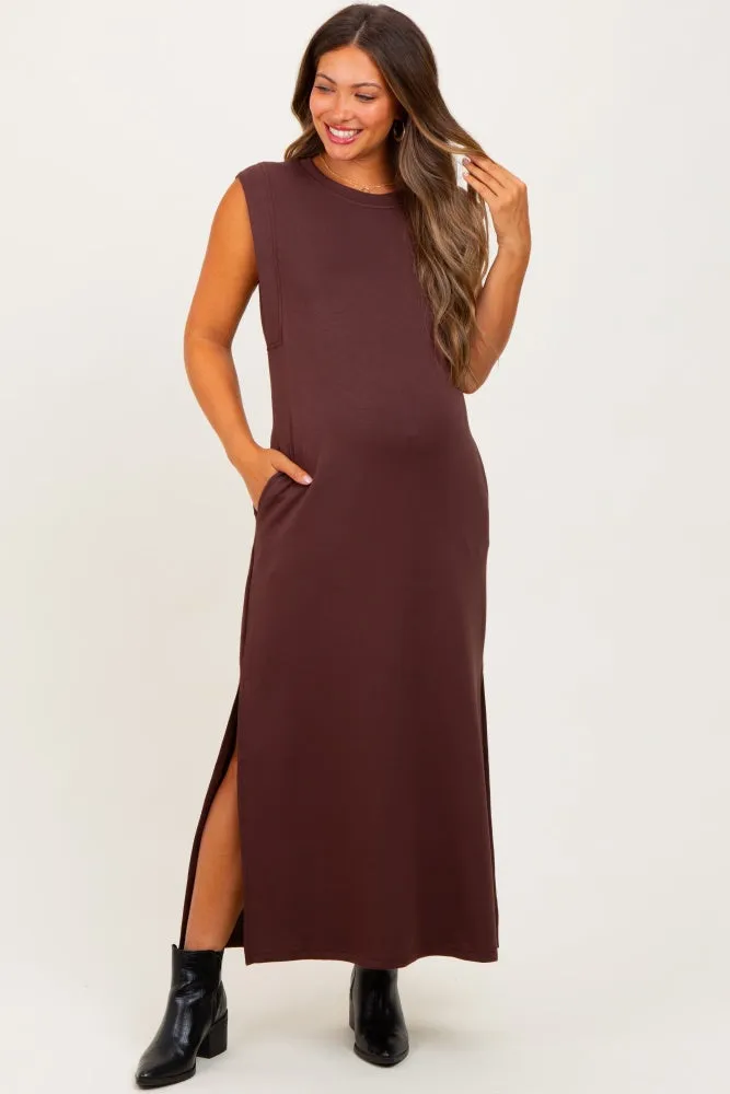 Brown Sleeveless Side Slit Maternity Midi Dress sold by Pinkblush product image thumbnail 2