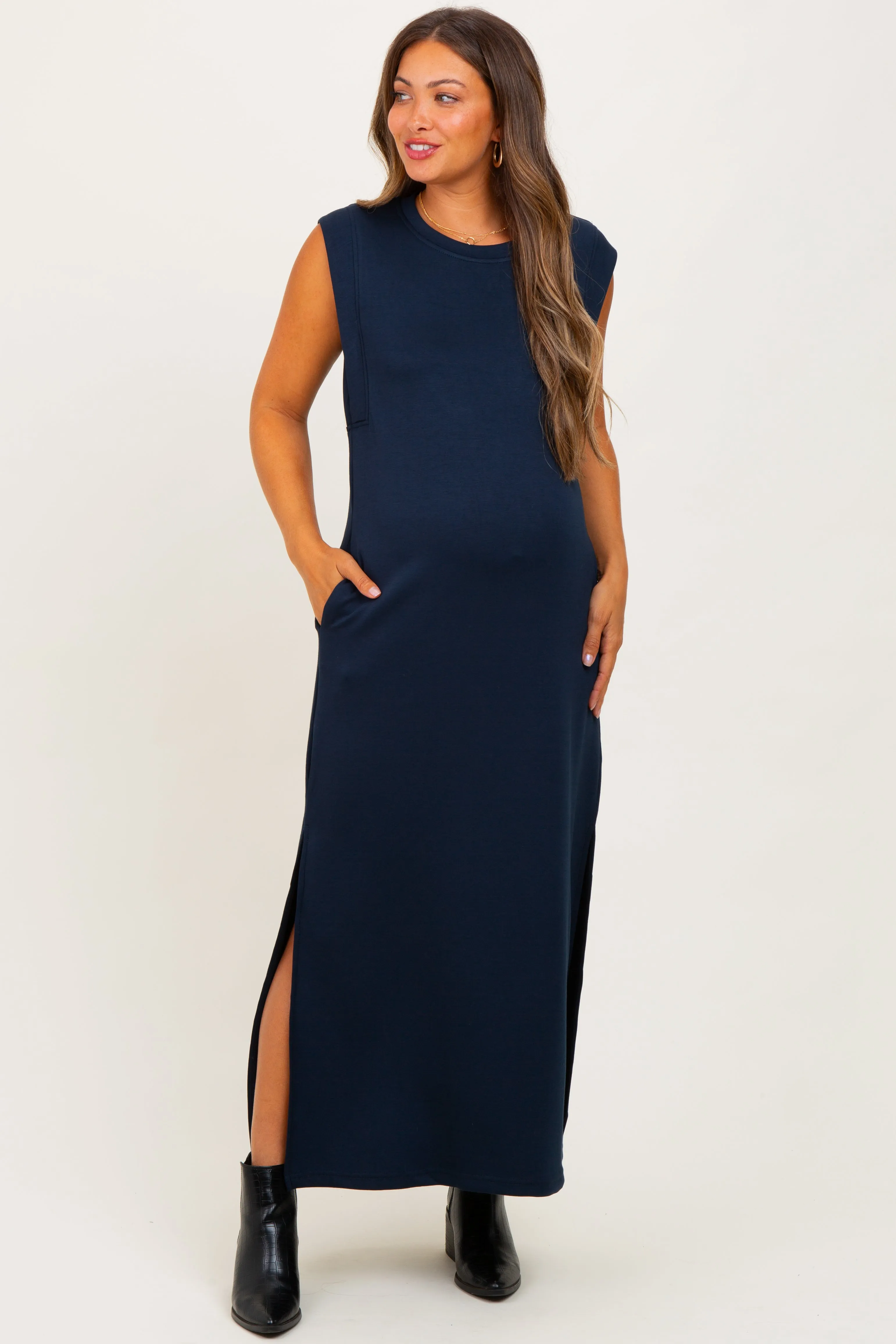Navy Sleeveless Side Slit Maternity Midi Dress sold by Pinkblush