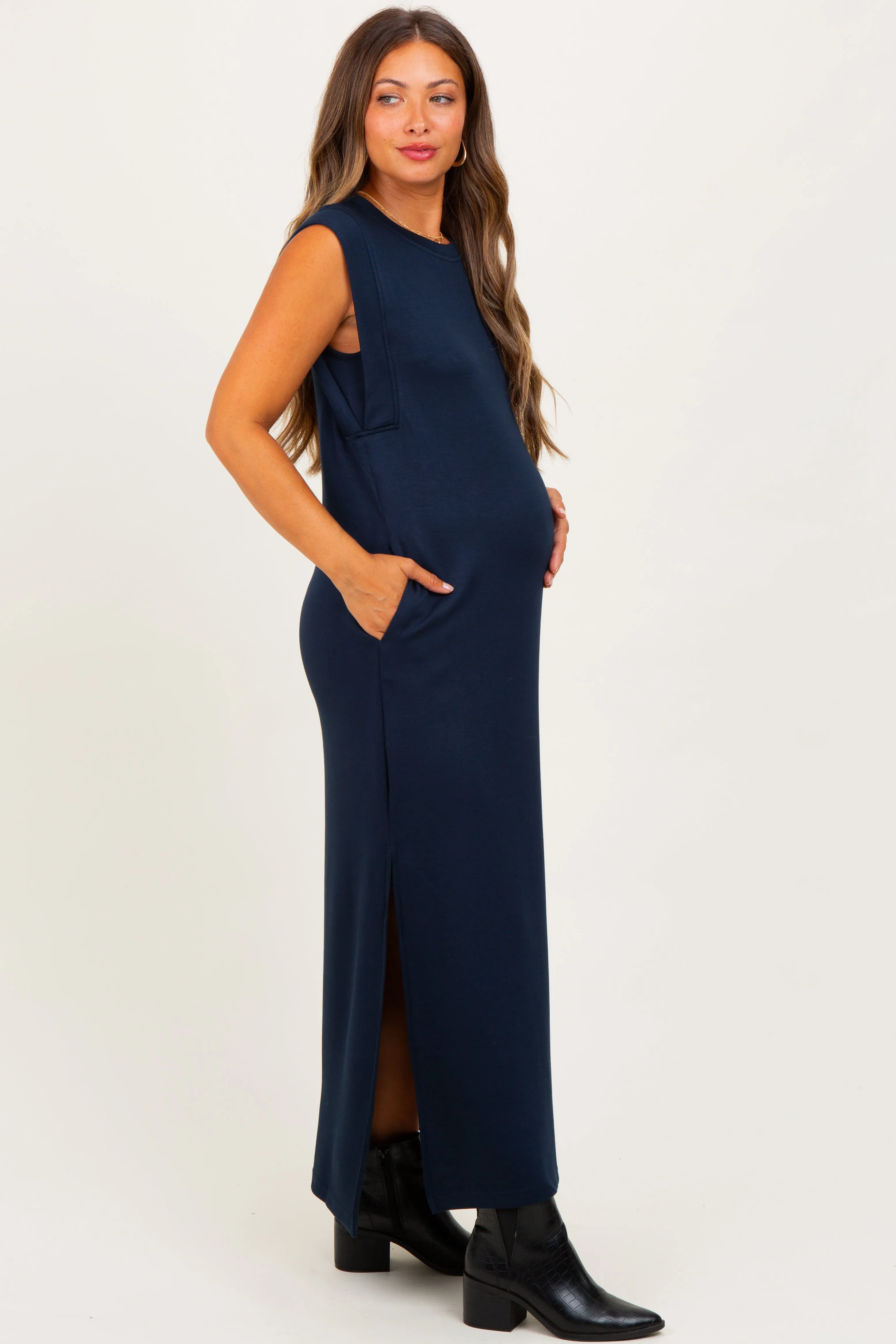 Navy Sleeveless Side Slit Maternity Midi Dress sold by Pinkblush product image thumbnail 2