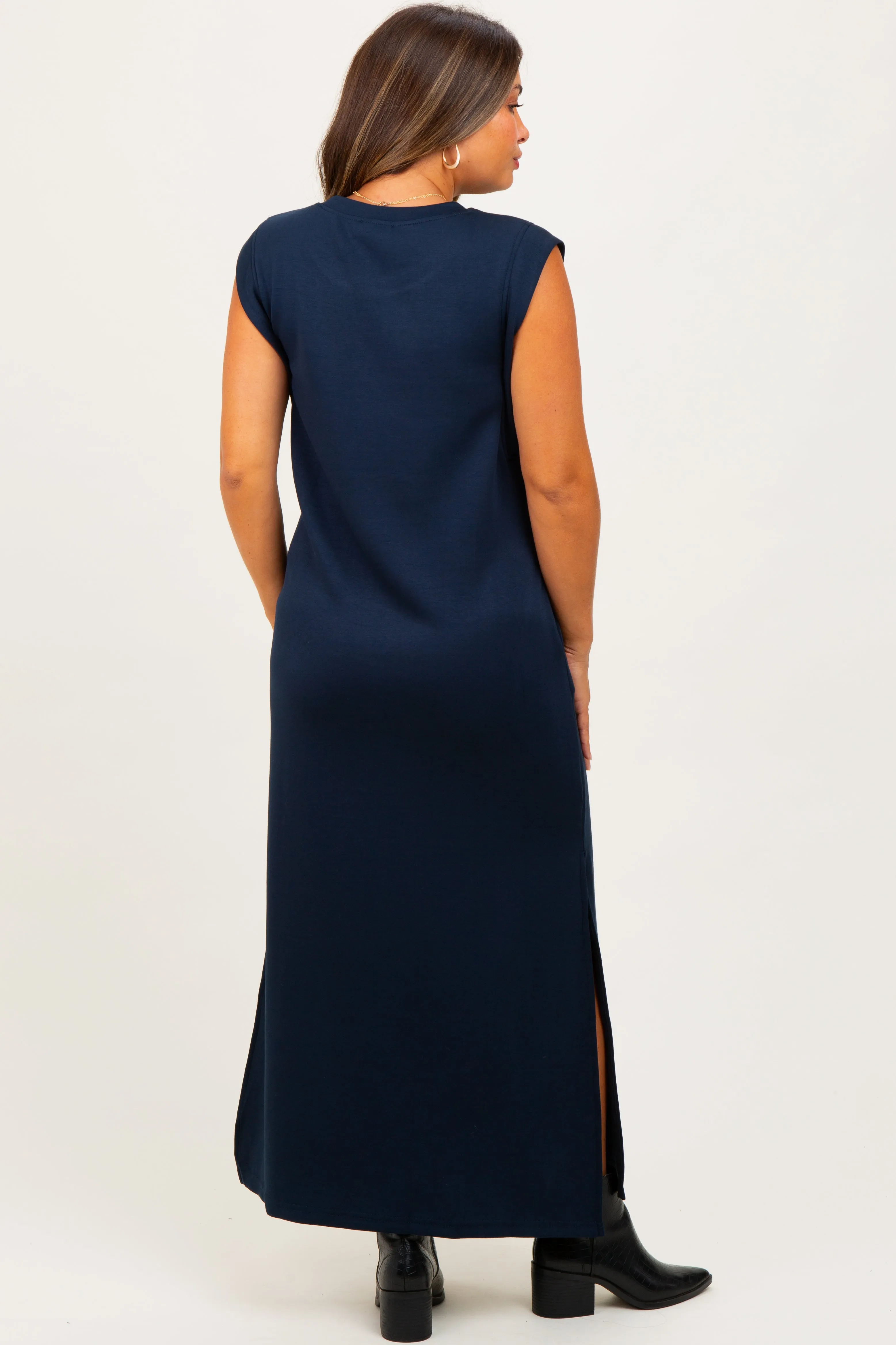 Navy Sleeveless Side Slit Maternity Midi Dress sold by Pinkblush product image thumbnail 3