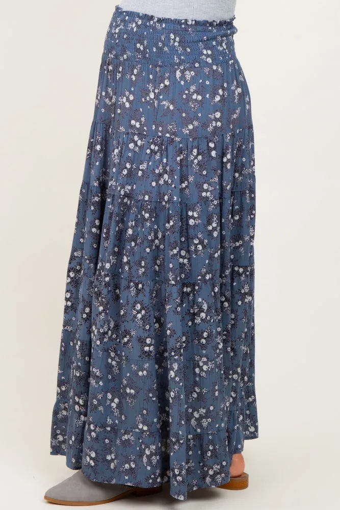 Blue Floral Smocked Waist Tiered Maternity Maxi Skirt sold by Pinkblush product image thumbnail 3