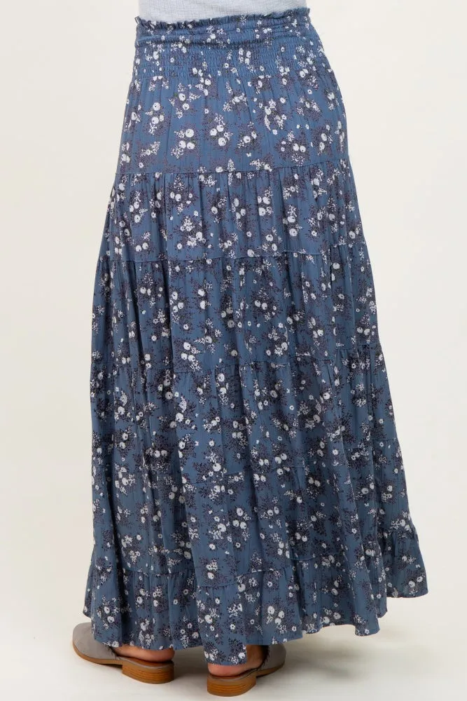 Blue Floral Smocked Waist Tiered Maternity Maxi Skirt sold by Pinkblush product image thumbnail 4