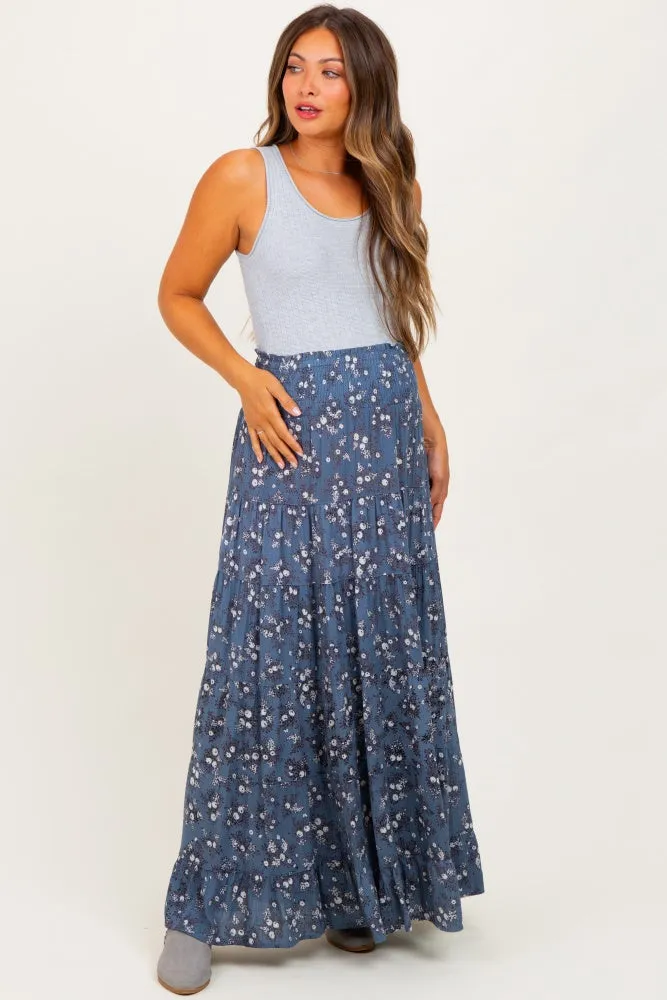 Blue Floral Smocked Waist Tiered Maternity Maxi Skirt sold by Pinkblush
