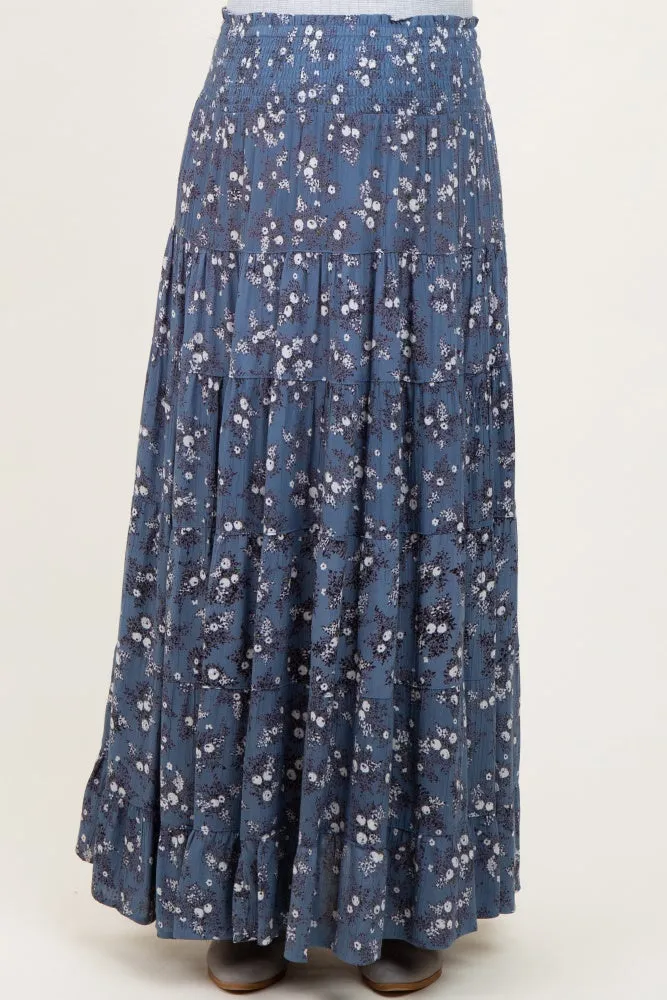 Blue Floral Smocked Waist Tiered Maternity Maxi Skirt sold by Pinkblush product image thumbnail 2