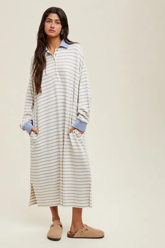 Periwinkle Stripe Snap Button Long Sleeve Midi Dress sold by Pinkblush