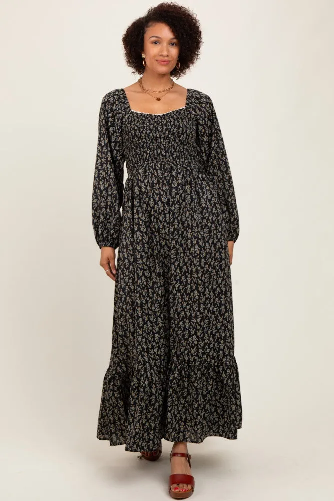 Black Floral Smocked Lace Trim Sweetheart Maxi Dress sold by Pinkblush product image thumbnail 3