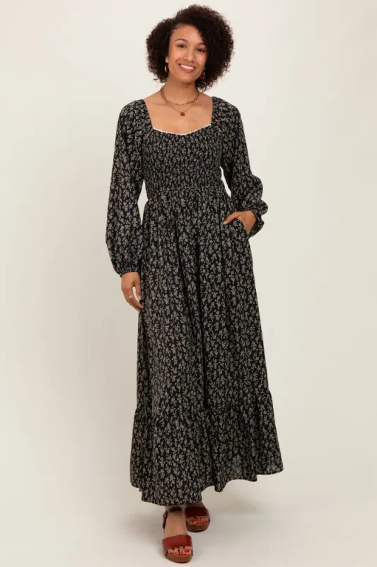 Black Floral Smocked Lace Trim Sweetheart Maxi Dress sold by Pinkblush