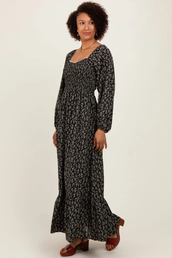 Black Floral Smocked Lace Trim Sweetheart Maxi Dress sold by Pinkblush product image thumbnail 2