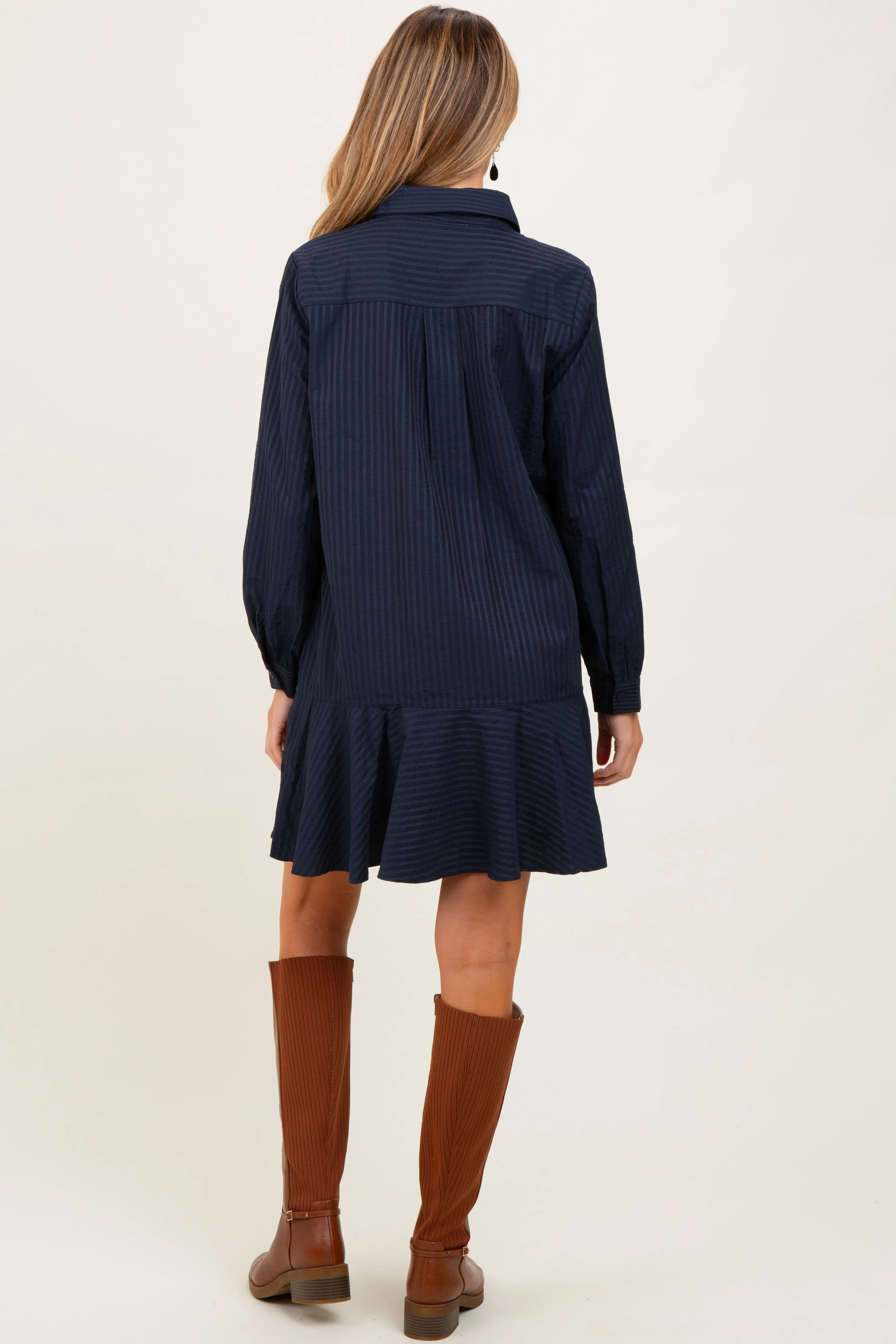 Navy Striped Long Sleeve Drop Waist Maternity Polo Dress sold by Pinkblush product image thumbnail 4