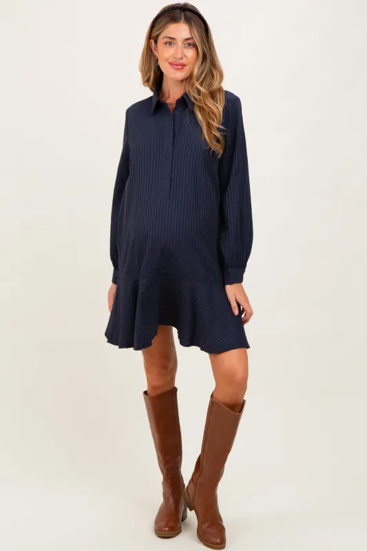 Navy Striped Long Sleeve Drop Waist Maternity Polo Dress sold by Pinkblush