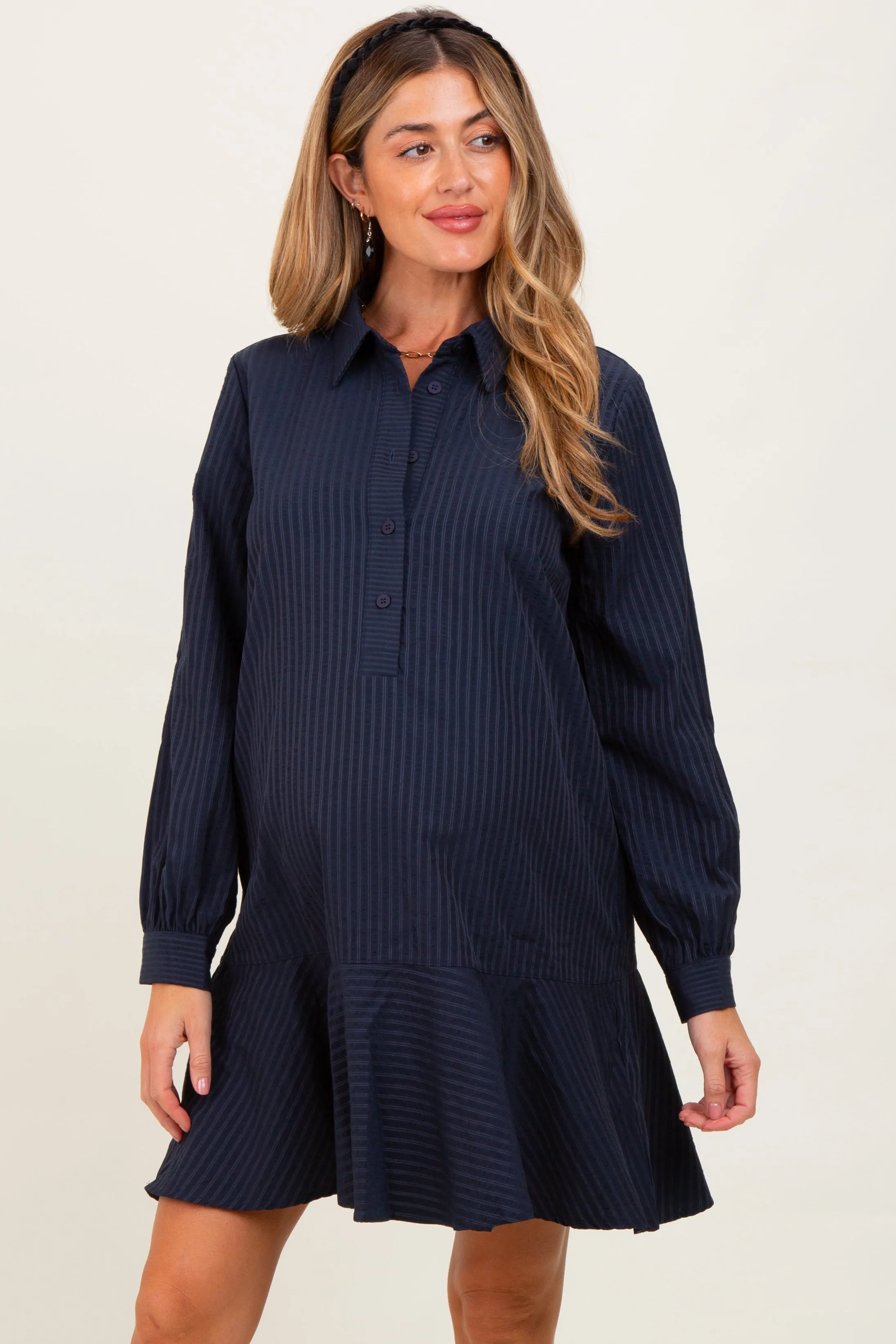 Navy Striped Long Sleeve Drop Waist Maternity Polo Dress sold by Pinkblush product image thumbnail 2