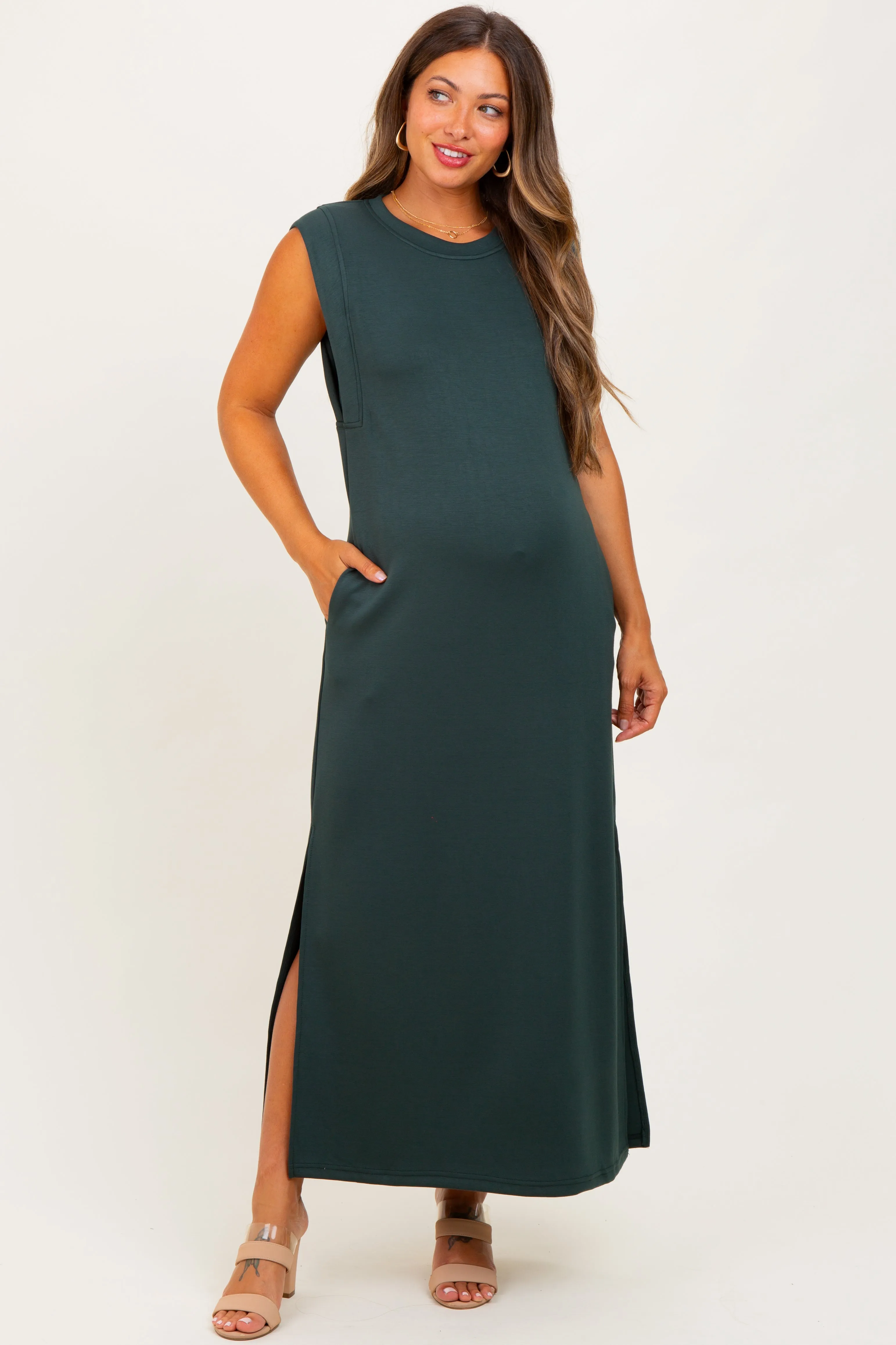 Forest Green Sleeveless Side Slit Maternity Midi Dress sold by Pinkblush
