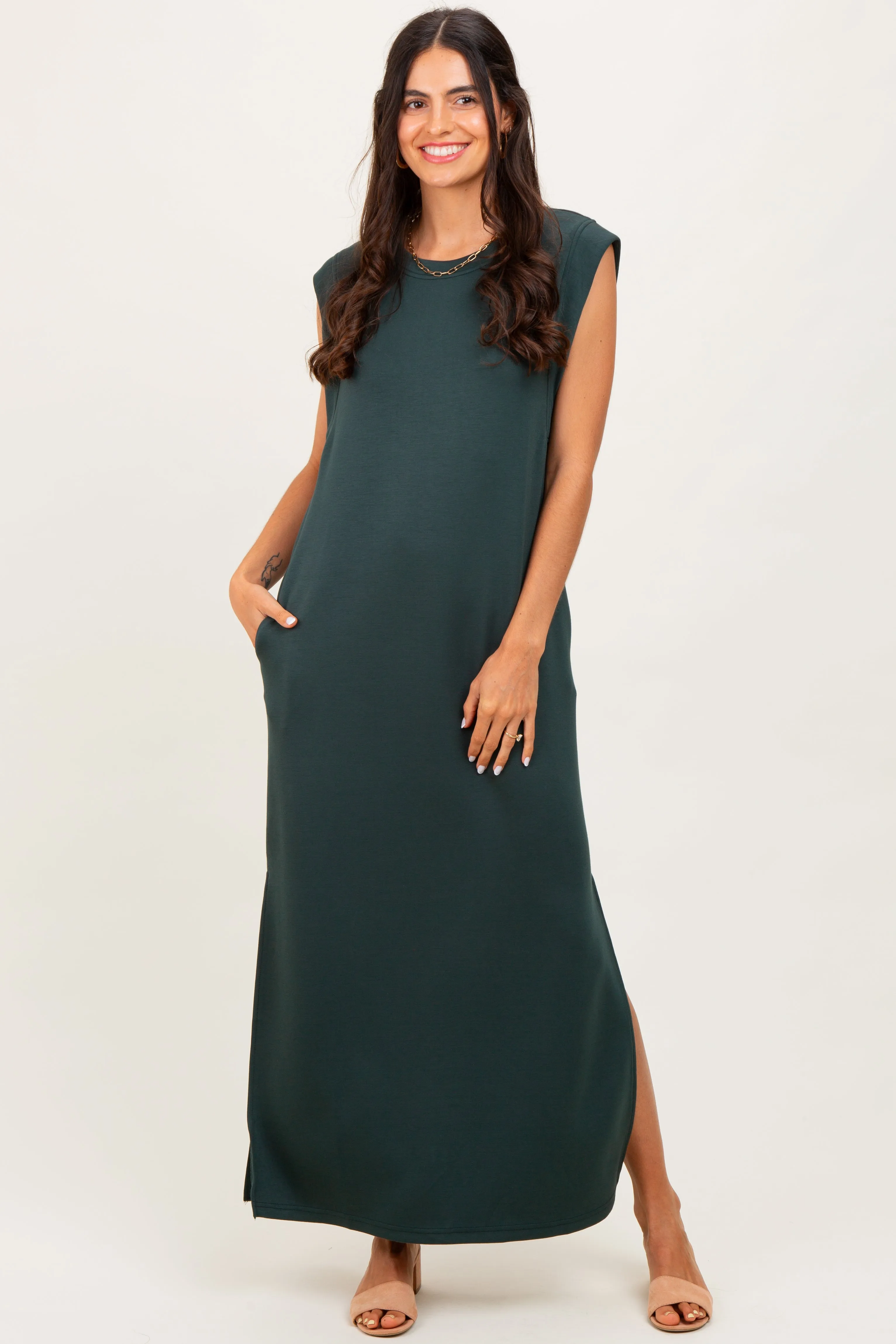 Forest Green Sleeveless Side Slit Maternity Midi Dress sold by Pinkblush product image thumbnail 5