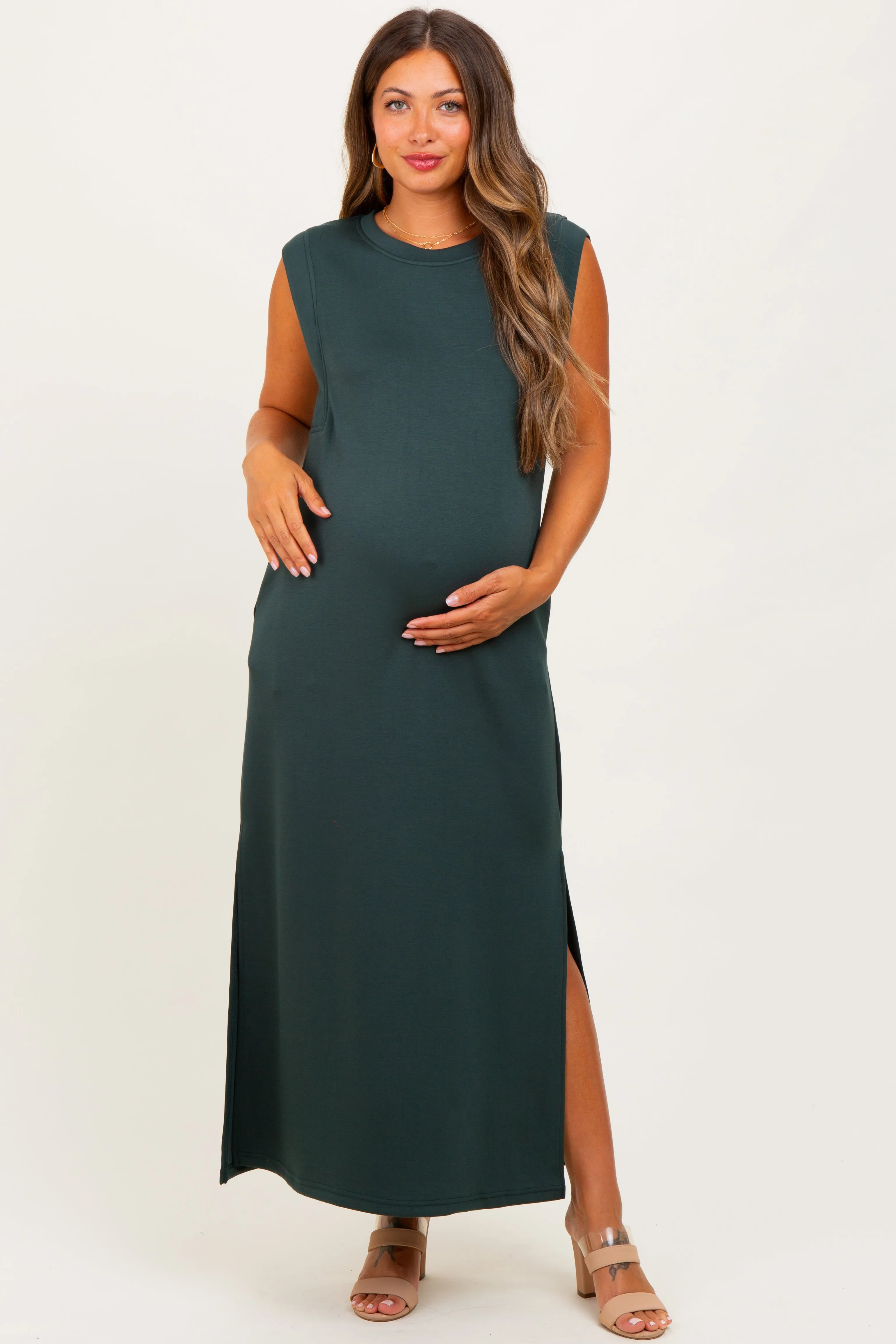 Forest Green Sleeveless Side Slit Maternity Midi Dress sold by Pinkblush product image thumbnail 2