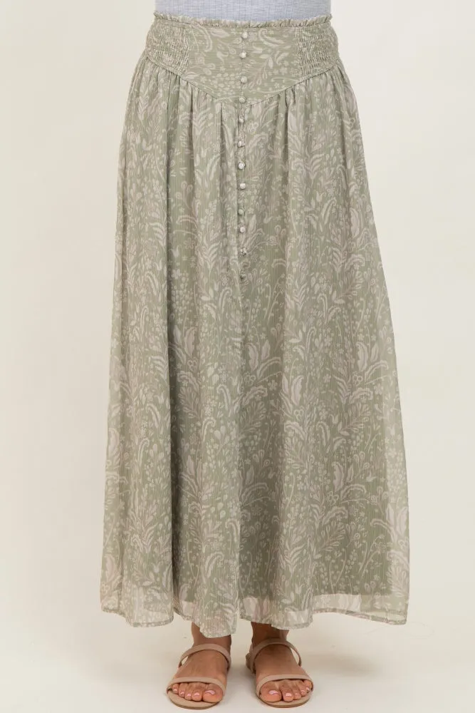 Light Olive Floral Chiffon Button Detail Maxi Skirt sold by Pinkblush product image thumbnail 3