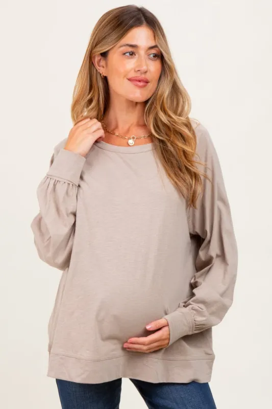 Taupe Oversized Cotton Slub Long Sleeve Maternity Top sold by Pinkblush