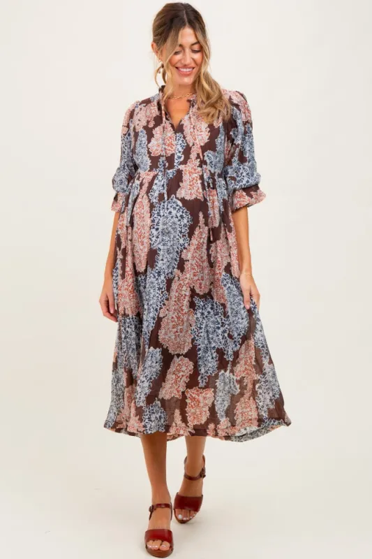 Brown Floral Chiffon Front Tie Maternity Midi Dress sold by Pinkblush