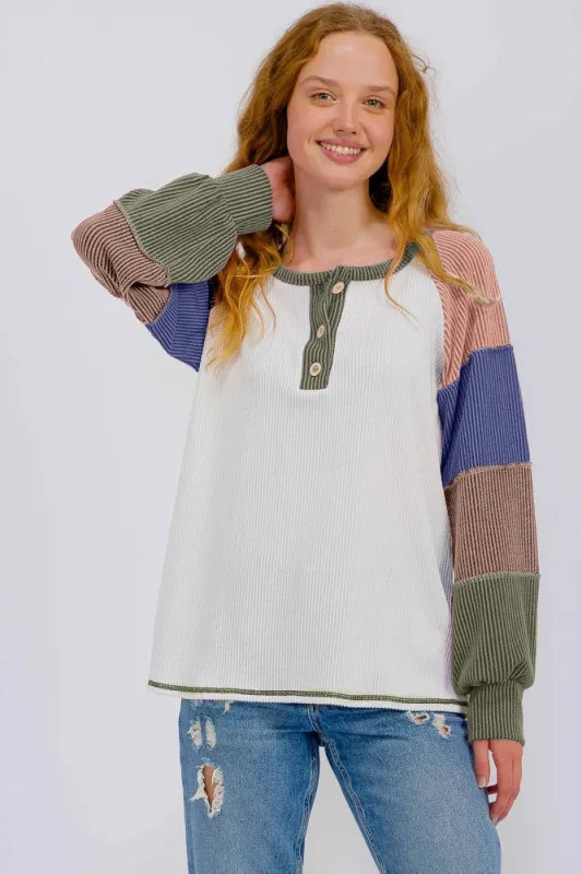 Olive Multi Textured Rib Colorblock Raglan Long Sleeve sold by Pinkblush