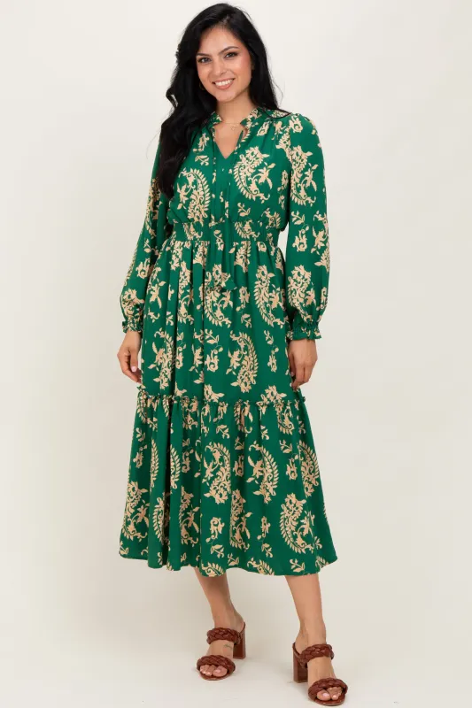 Green Damask Front Tie Smocked Waist Midi Dress sold by Pinkblush