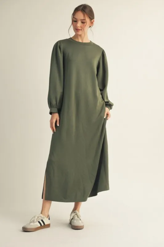 Olive Side Slit Detail Solid Midi Dress sold by Pinkblush
