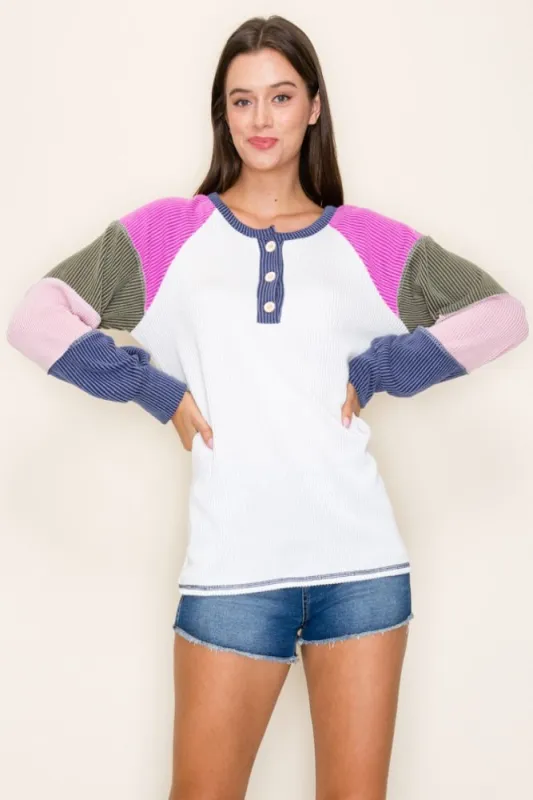 Navy Blue Multi Textured Rib Colorblock Raglan Long Sleeve sold by Pinkblush