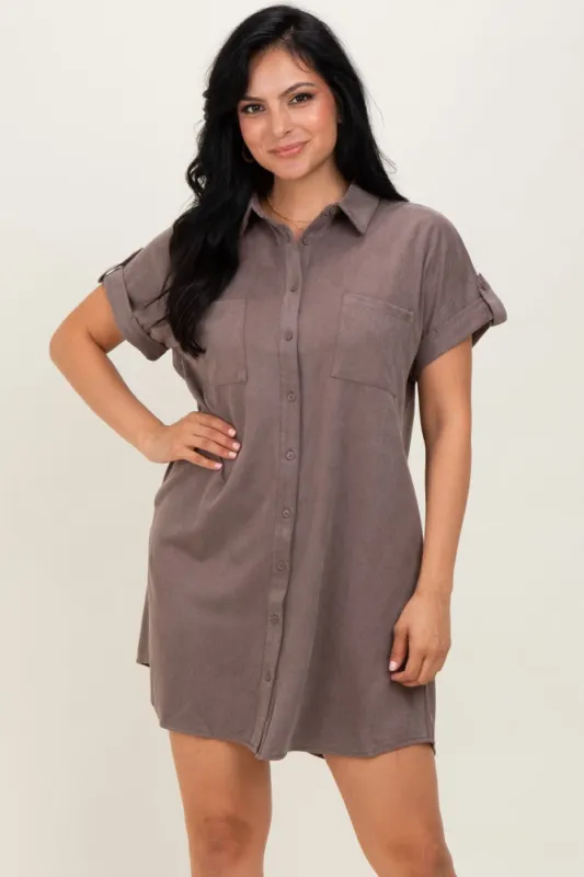Mocha Faux Suede Button Down Shirt Dress sold by Pinkblush