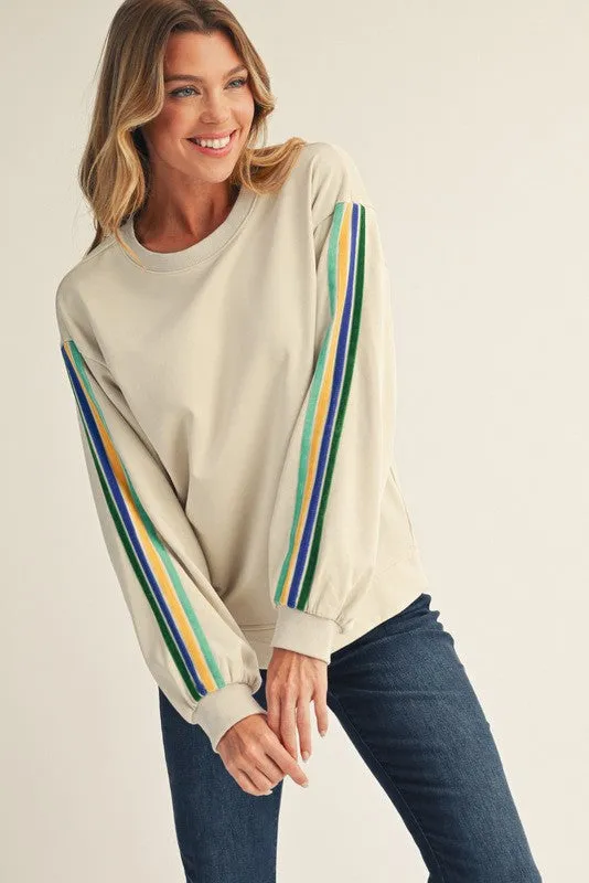 Taupe Mineral Wash Velvet Stripe Detail Sweatshirt sold by Pinkblush